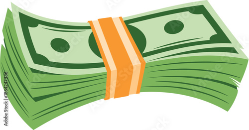 Large stack of green paper money bills bound with orange band, financial cash wealth vector illustration