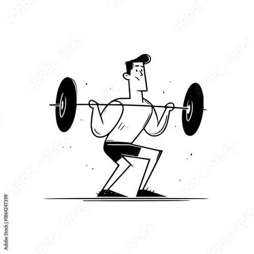 Man lifting barbell in black and white cartoon style doing squats for strength training and exercise routine