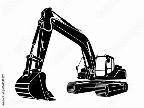 Black and white construction excavator isolated on white background, Vector, illustration