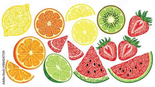 Vibrant Detailed Sketchy Fruits Colorful Citrus Berries Summer Refreshing Collection