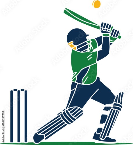 Cricket batsman illustration, powerful batting action isolated, professional sports player hitting ball with bat, helmet pads, vector, graphic, design