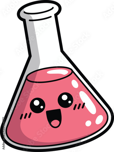 Cute cartoon chemistry flask illustration, smiling laboratory beaker with pink liquid, kawaii science education concept for kids, school, learning, vector