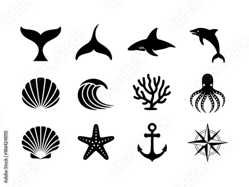 Collection of marine symbols isolated on white background, Vector, illustration