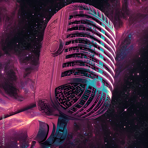 A futuristic neon microphone floating in deep space, glowing with electric blue, hot pink, and violet lines. Intricate digital circuit patterns spiral around the mic, radiating light. The background f