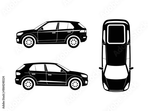 Three views of a black suv isolated on white background, Vector, illustration