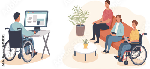 Set of flat people with disabilities working on computer and relaxing in modern office lounge area, vector illustration