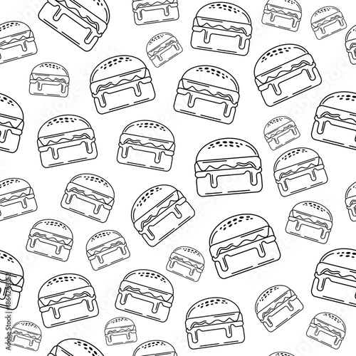 Hamburger seamless pattern background.  Hand drawn melted cheese burger doodle line art. Packaging, wrapper, banner, wallpaper