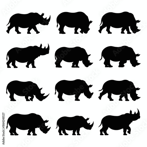 Collection of rhino silhouettes isolated on white background, Vector, illustration