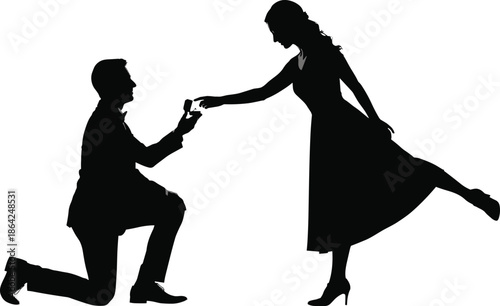 Elegant Silhouette of Man Kneeling Proposing to Woman with Engagement Ring Box for Romantic Marriage Proposal Love and Wedding Concept