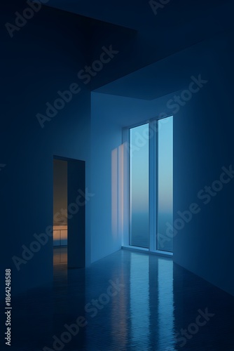 Quiet architectural space featuring large windows reflecting soft blue hour light, creating a serene atmosphere with minimalistic design elements and smooth surfaces
