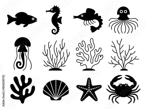 A collection of marine life silhouettes isolated on white background, Vector, illustration