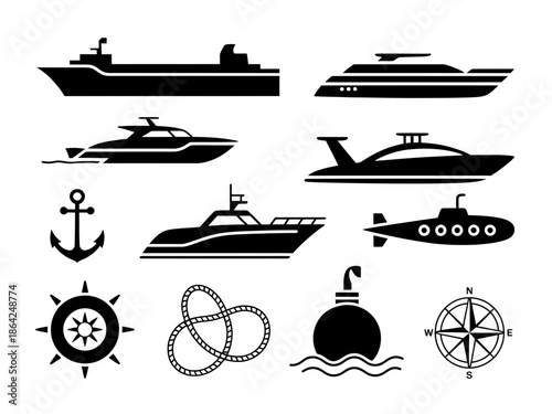 Various types of boats and nautical symbols isolated on white background, Vector, illustration