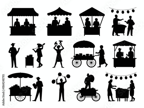 Vibrant street market vendors isolated on white background, Vector, illustration