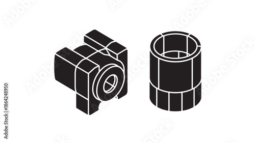 3D camera and cylindrical object in minimalist style with white outline on black background for technical illustration