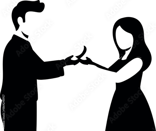 Black silhouette of a man and woman pulling a piece of paper in opposite directions
