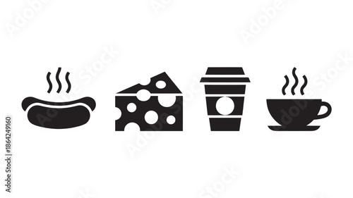 Hot breakfast food icons in simple flat design with black color on white background for food blog