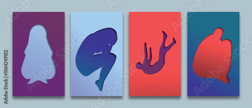 Minimal mental health banner with abstract human silhouette. Concept of emotional burnout, anxiety, depression, crisis, loss of control and psychological struggle. Copy space for text.