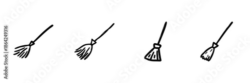 Broomstick Line Icon Set In Doodle Style. Cleaning Tools And Household Maintenance Outline Sketch Collection. Hand Drawn Isolated Vector Illustration