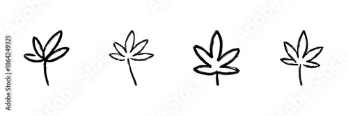 Four Cannabis Leaf Line Icons In Doodle Style. Botanical Illustration And Herbal Symbolism Outline Sketch Collection. Natural And Organic Theme. Hand Drawn Isolated Vector Illustration