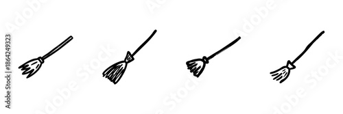 Broomstick Line Icon Set In Doodle Style. Witchcraft, Cleaning, And Halloween Symbol Outline Sketch Collection. Magical And Household Tool Representation. Hand Drawn Isolated Vector Illustration