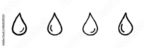 Four Water Droplets Line Icon Set In Doodle Style. Hydration, Purity, And Fluidity Symbol Outline Sketch Collection. Environmental And Wellness Concept. Hand Drawn Isolated Vector Illustration