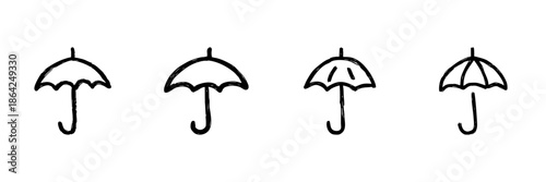 Umbrella Line Icon Set In Doodle Style. Weather Protection And Rainy Day Essentials Outline Sketch Collection. Hand Drawn Isolated Vector Illustration