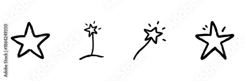 Star And Magic Wand Line Icon Set In Doodle Style. Creativity, Inspiration, And Magic Symbol Outline Sketch Collection. Hand Drawn Isolated Vector Illustration