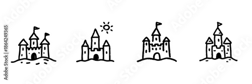Sandcastle Line Icon Set In Doodle Style. Beach Fun, Summer Vacation, And Childhood Playtime Outline Sketch Collection. Hand Drawn Isolated Vector Illustration