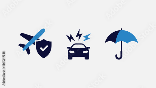 Insurance icons in flat design with blue color scheme on white background for web graphics