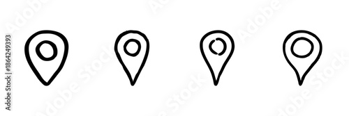 Map Location Pin Line Icon Set In Doodle Style. Navigation, Gps, And Geolocation Marker Outline Sketch Collection. Travel And Mapping Symbols. Hand Drawn Isolated Vector Illustration