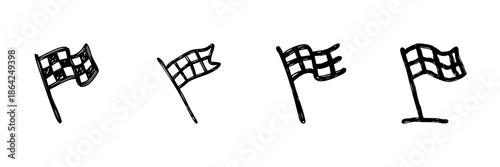 Checkered Racing Flags Line Icon Set In Doodle Style. Motorsport Finish Line, Race Completion, And Victory Symbol Outline Sketch Collection. Hand Drawn Isolated Vector Illustration