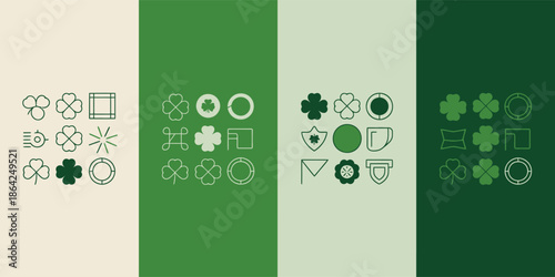 A diverse collection of nine green shamrock and Irish themed icons on various backgrounds