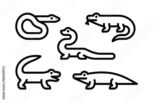 A collection of stylized reptile icons including a snake, a crocodile, and other lizards.
