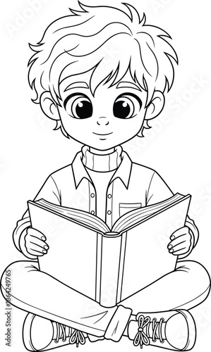 Boy, reading, book, child, education, learning, kids, study, school, library, knowledge, cute, cartoon, illustration, literacy, youth, story, sitting, line, drawing