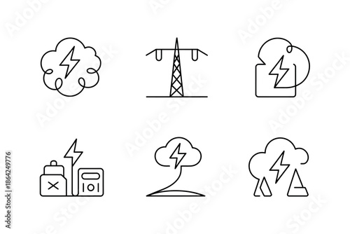 Collection of stylized icons representing electricity and power generation and distribution systems.
