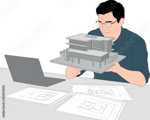 An architect holds a building model while working at a desk with a laptop and blueprints.