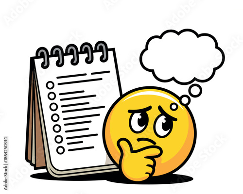 A thinking emoji character ponders a checklist, with an empty thought bubble above its head.