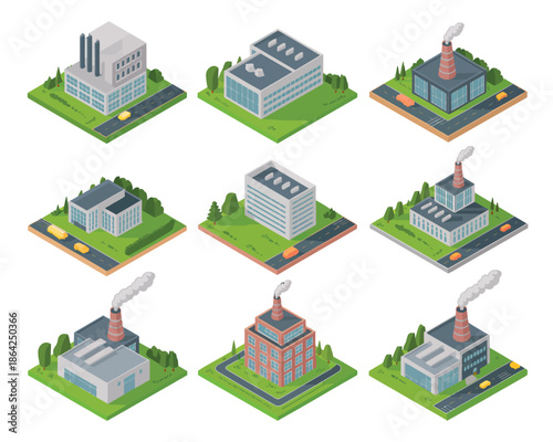 A collection of isometric factory buildings with smoking chimneys and surrounding greenery.