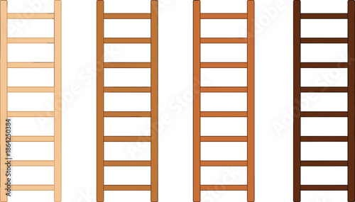 Set of wooden ladders in various shades, simple construction illustration showcasing different wood tones for home improvement, safety tools, and design concepts