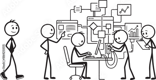 Stick figure team collaboration on complex software development and data analysis project with flowcharts