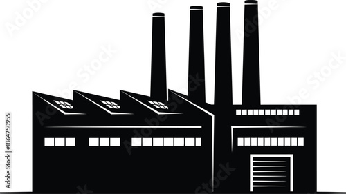 Industrial factory building with multiple chimneys