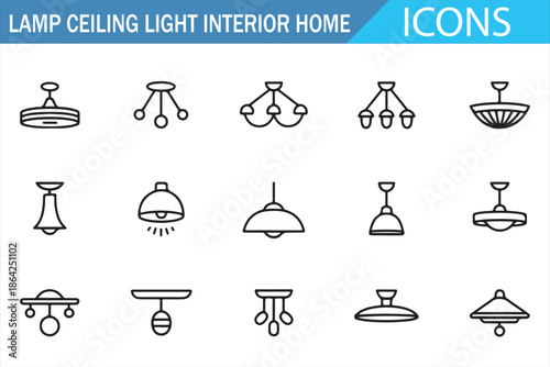 Interior lighting fixture line icons including chandeliers and pendant lamps
