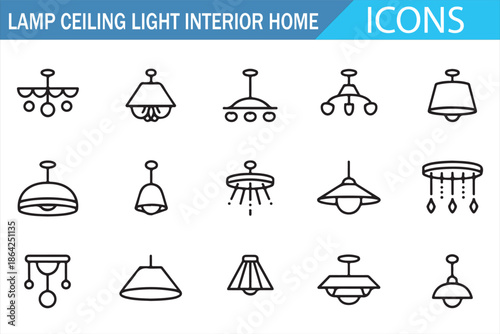 Home lighting and ceiling lamp line icons for interior decoration concepts