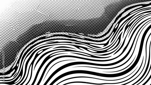 Dynamic black and white abstract background with flowing wave patterns and halftone dots creating an intriguing optical illusion for modern graphic design