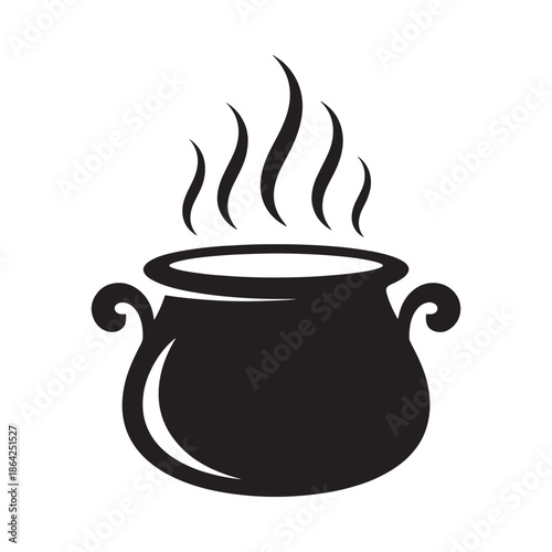 Black silhouette of a steaming cauldron with handles