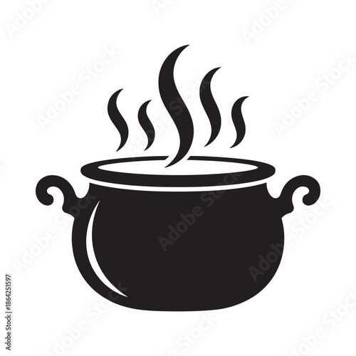 Black silhouette of a steaming cauldron on white background
