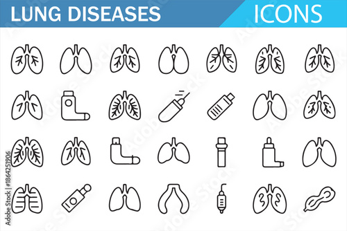 Medical lung disease vector icons including asthma, pneumonia and diagnosis symbols