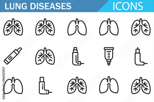 Lung health and respiratory illness line icons collection for medical concepts