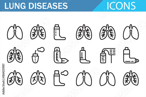 Lung diseases line icons set including respiratory system, pneumonia, asthma, tuberculosis, cancer, diagnosis, medical treatment, healthcare symbols and pulmonary care illustrations
