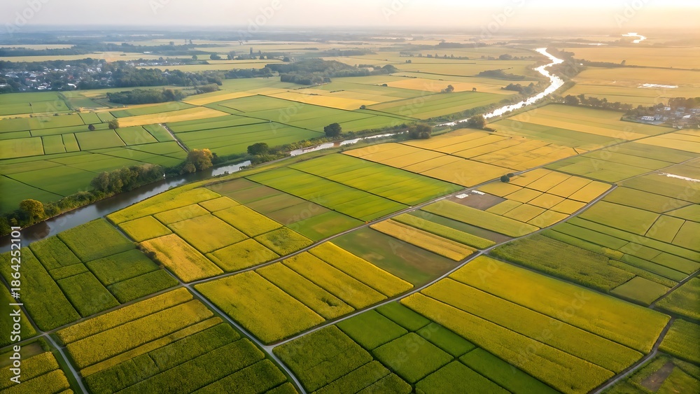 Fototapeta premium Aerial View of Paddy Fields Under Sunlight